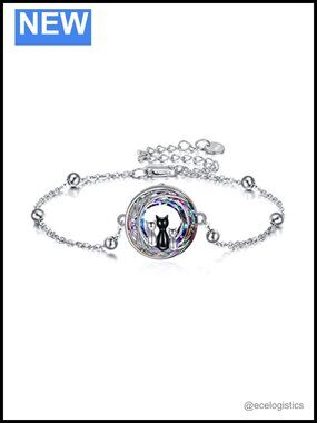 Sterling Silver 3 Cat Charm Bracelet Crystal Women